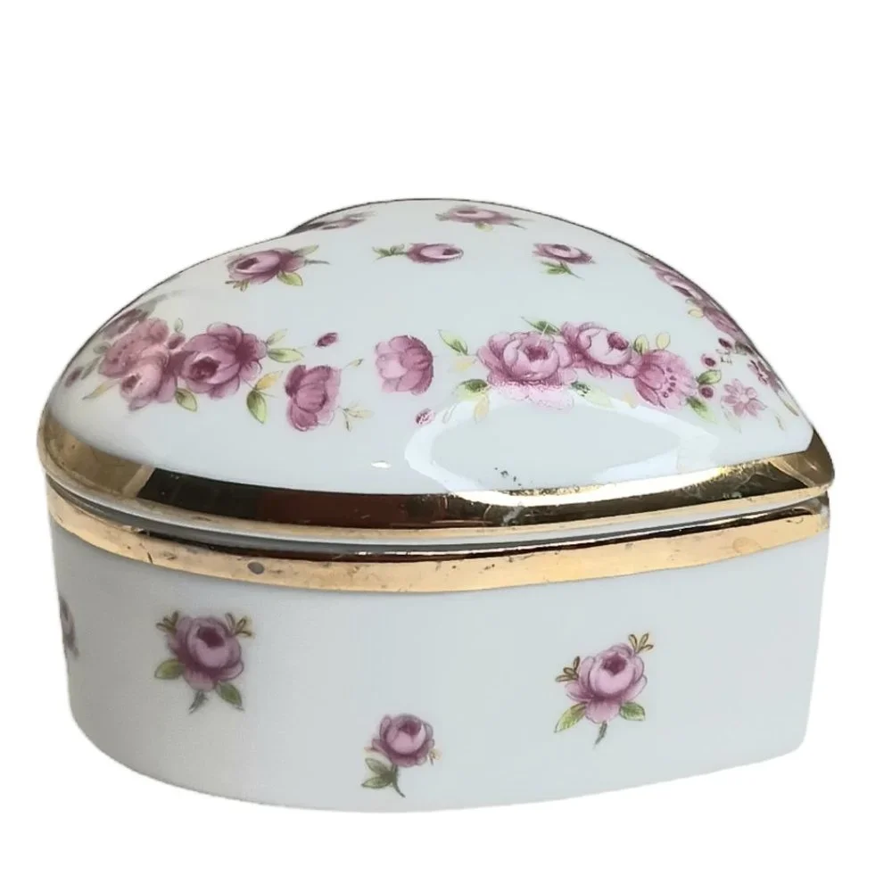 Lefton Heart Shaped Trinket Box Pink Flowers Gold Trim Jewlery Box